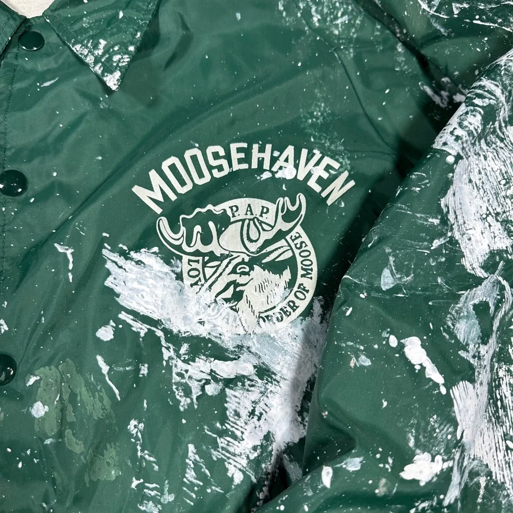 1970s Crazy Paint Stained Vintage Champion Windbreaker Coaches Jacket Green XL